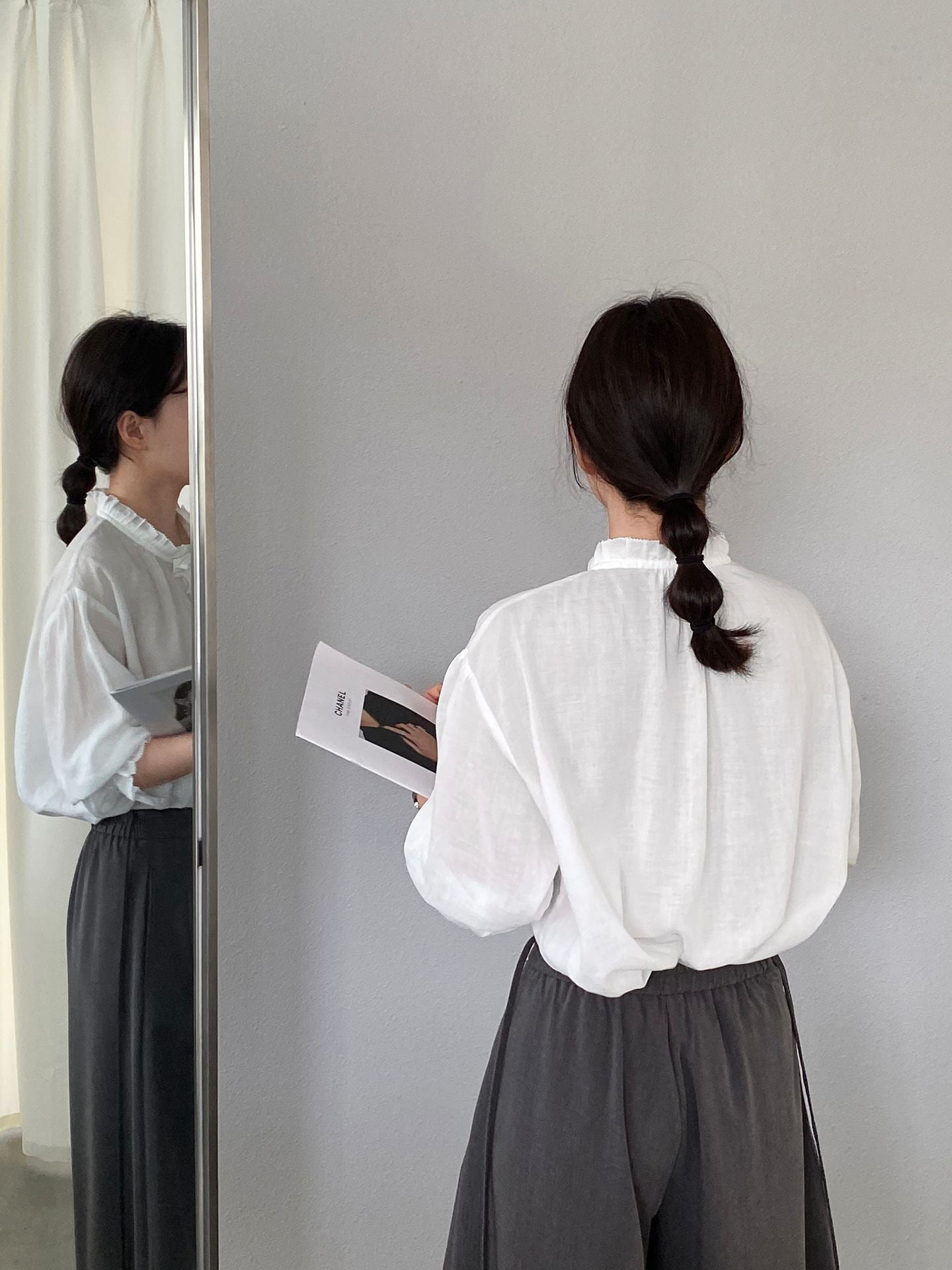 韓系復古木耳花邊領寬鬆喇叭袖苧麻襯衫-2色