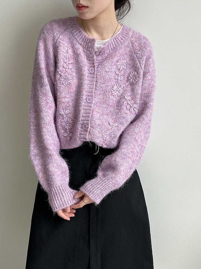 韓系立體手工花朵刺繡針織開衫外套-3色