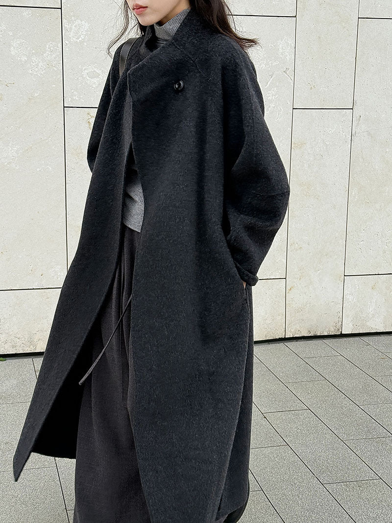 韓版慵懶斜扣領長款雙面呢羊毛大衣外套-3色