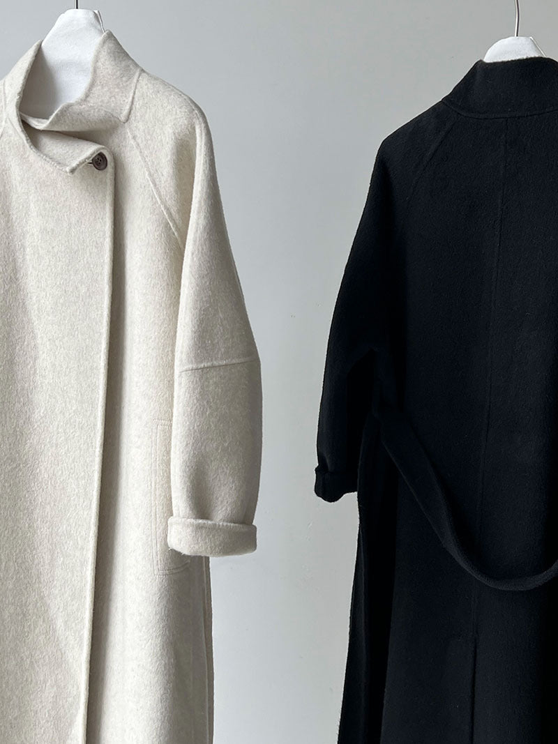 韓版慵懶斜扣領長款雙面呢羊毛大衣外套-3色