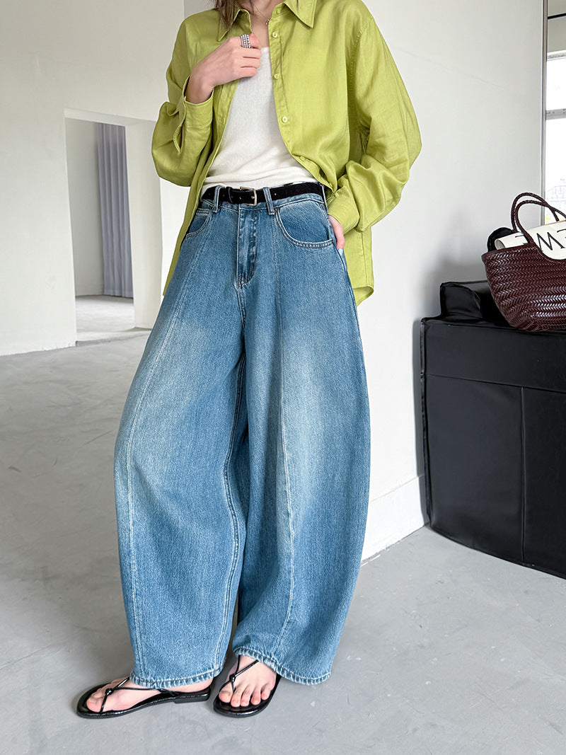 韓系慵懶風簡約純色寬鬆氣球牛仔褲