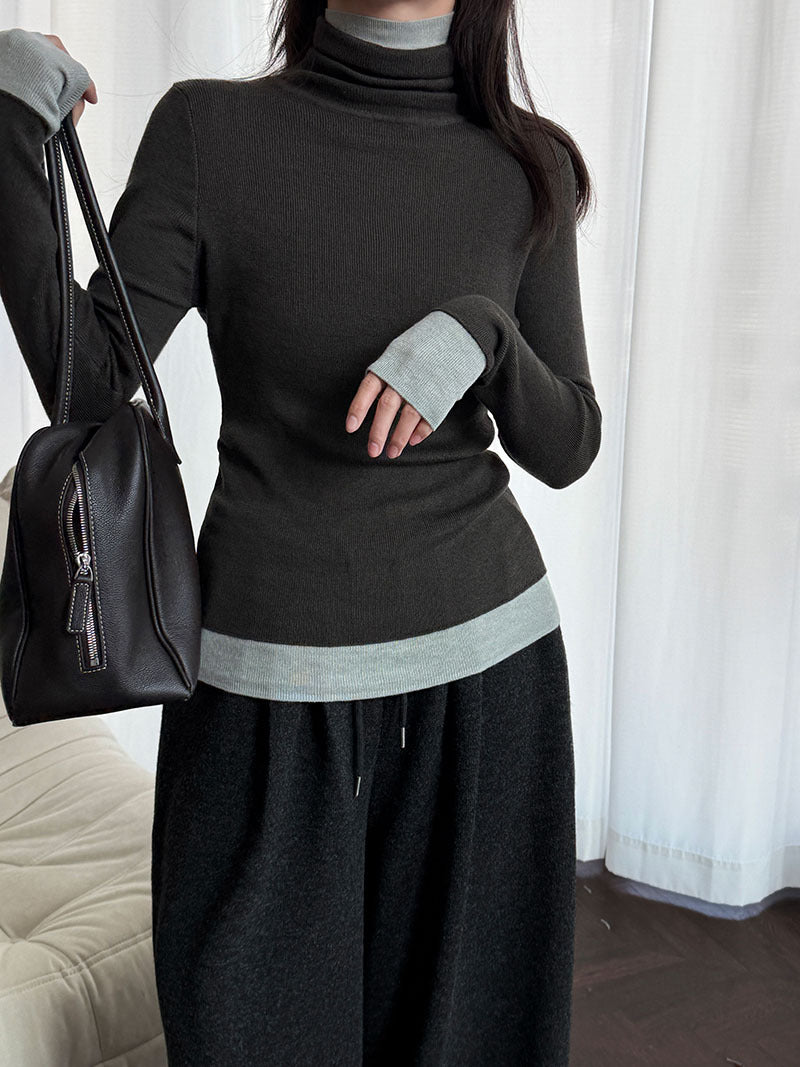 修身顯瘦軟糯撞色高領打底針織衫-3色