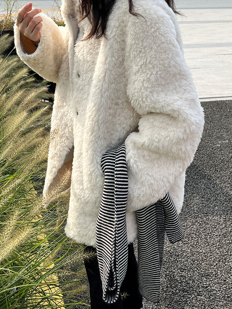 美拉德立領羊羔毛皮毛一體外套大衣-2色