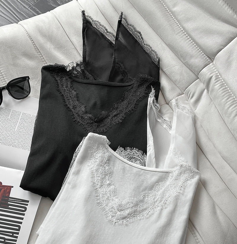 韓系不規則中長款疊穿蕾絲花邊短袖背心上衣-2色