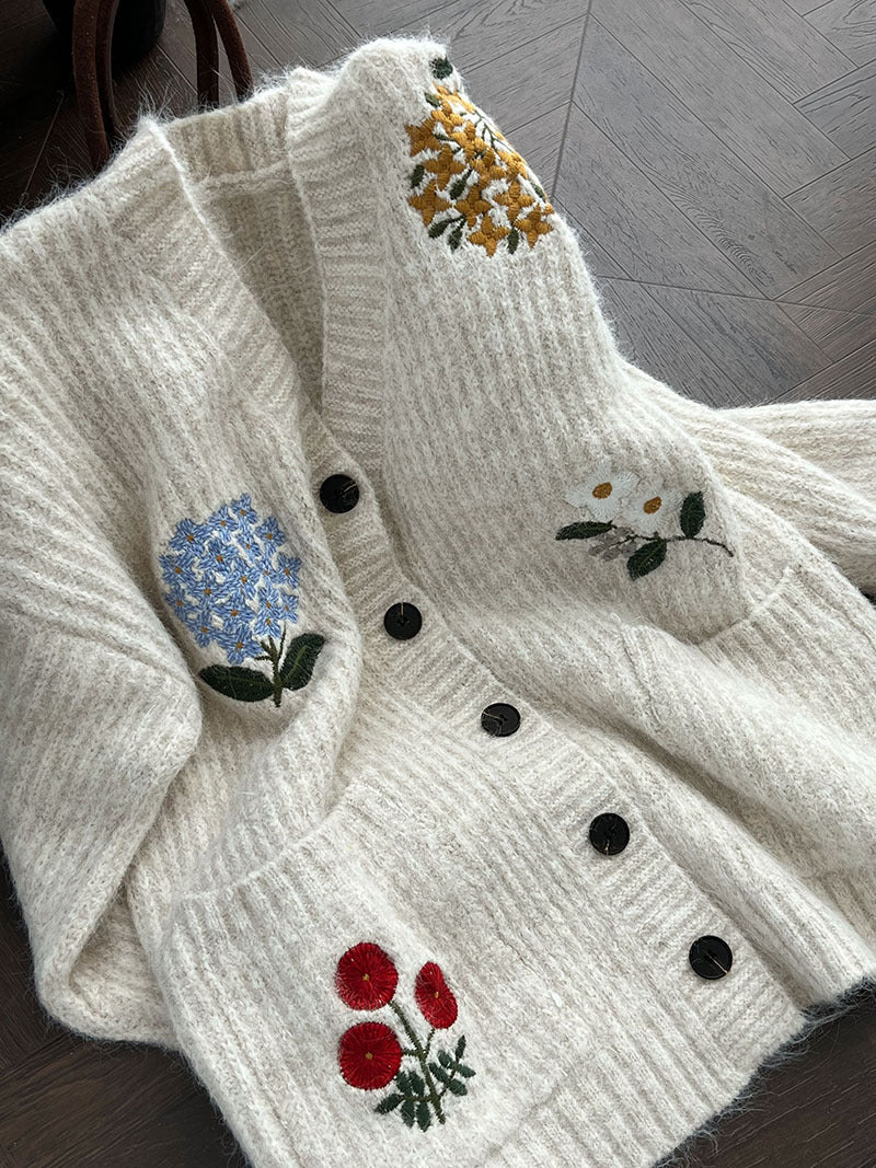 韓系復古軟糯花卉刺繡針織開衫外套-4色