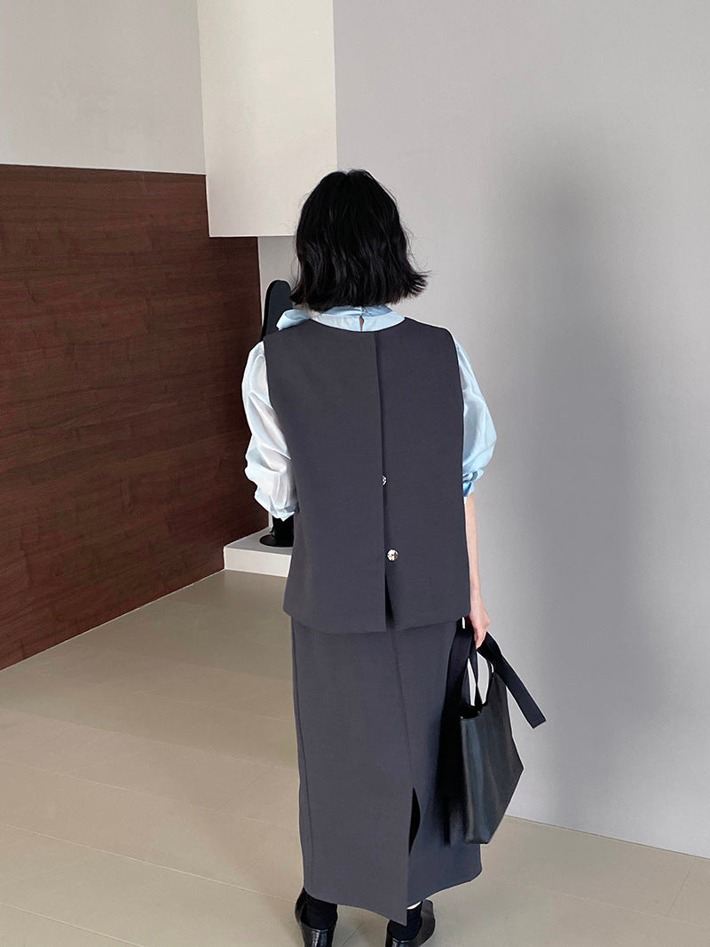 韓版高品質顯瘦西裝無袖馬甲+半身裙+配腰帶-三件式套裝
