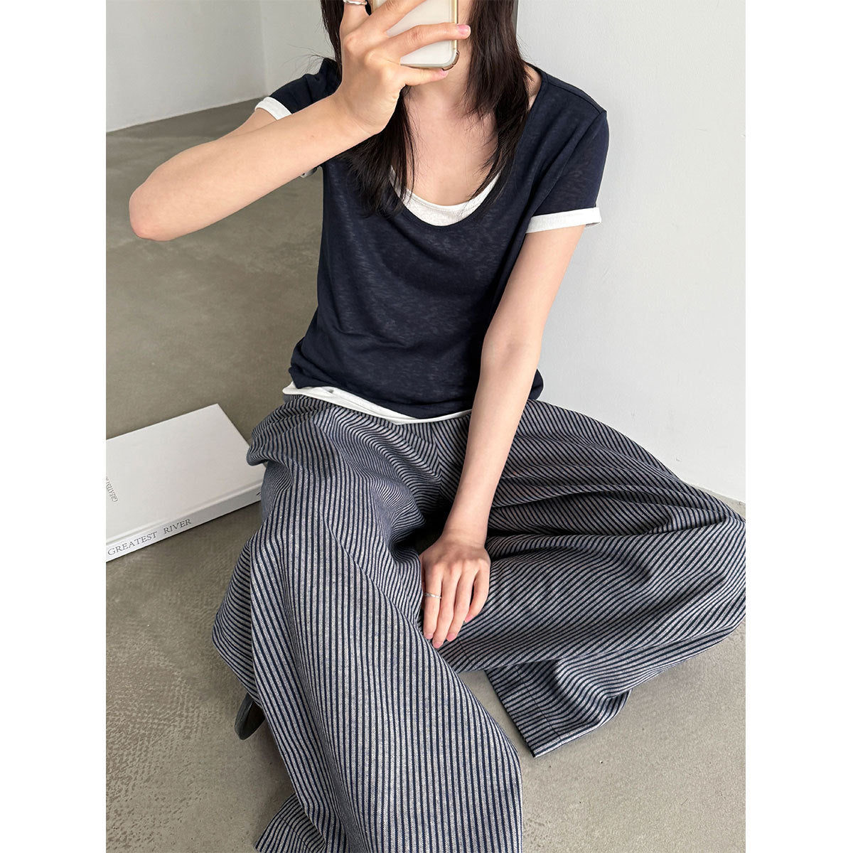 韓系條紋高腰亞麻闊腿寬褲-2色