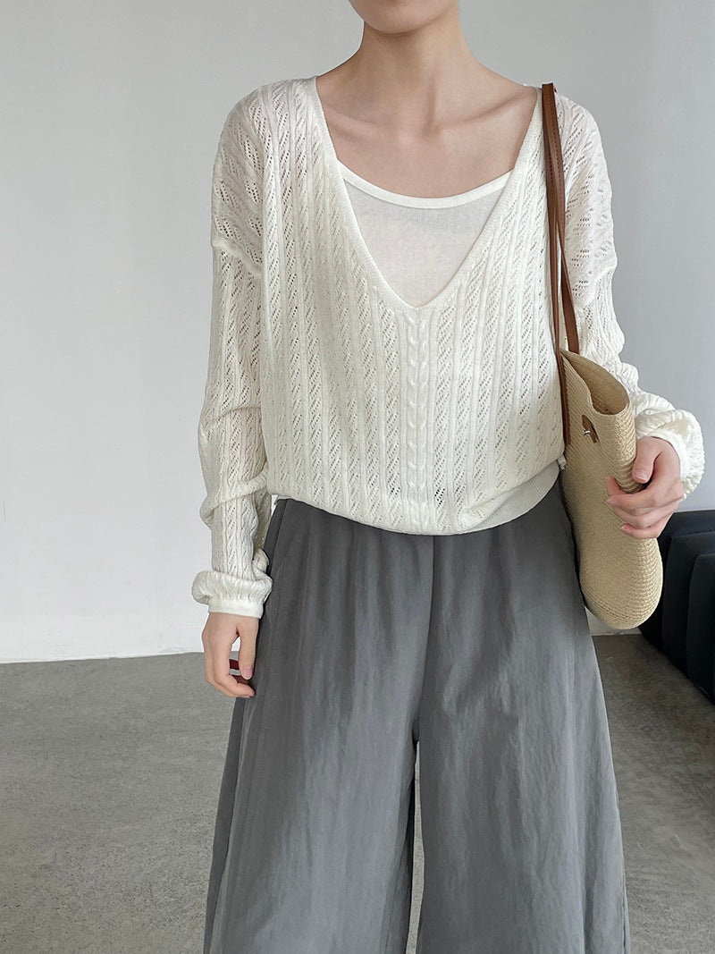 韓系鏤空V領防曬針織罩衫+吊帶上衣-兩件式套裝-4色
