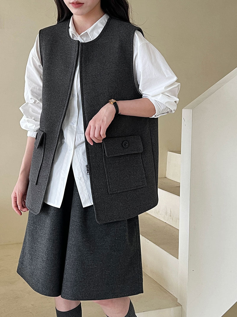 高級感寬鬆毛呢疊穿氣質圓領馬甲