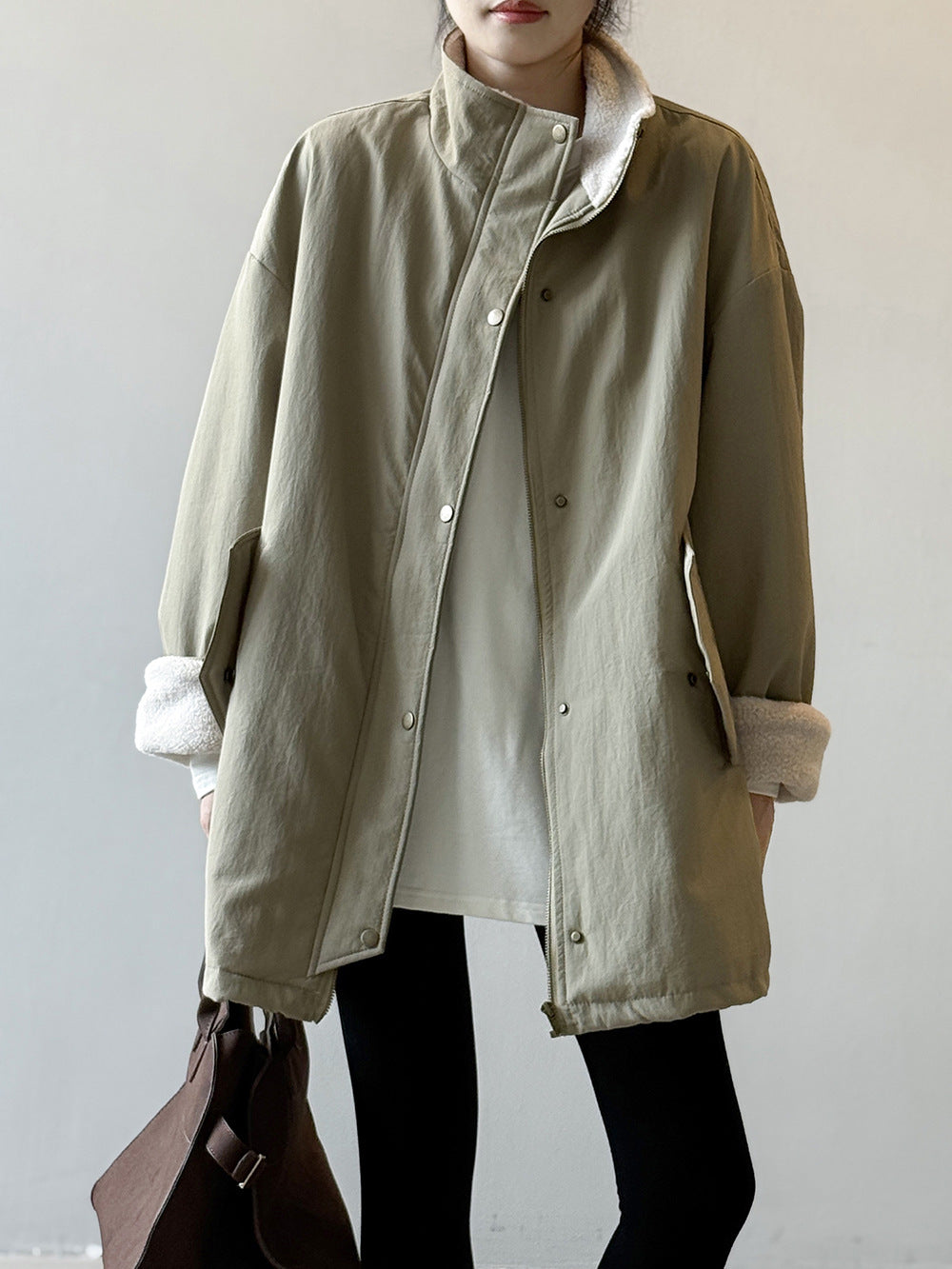 韓系設計感立領羊羔毛工裝保暖派克外套-2色