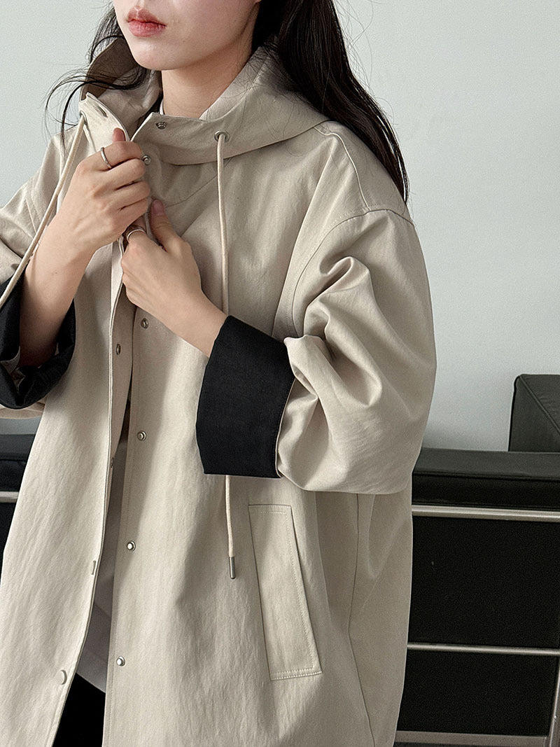 韓系簡約袖口撞色連帽寬鬆休閒百搭外套風衣-2色