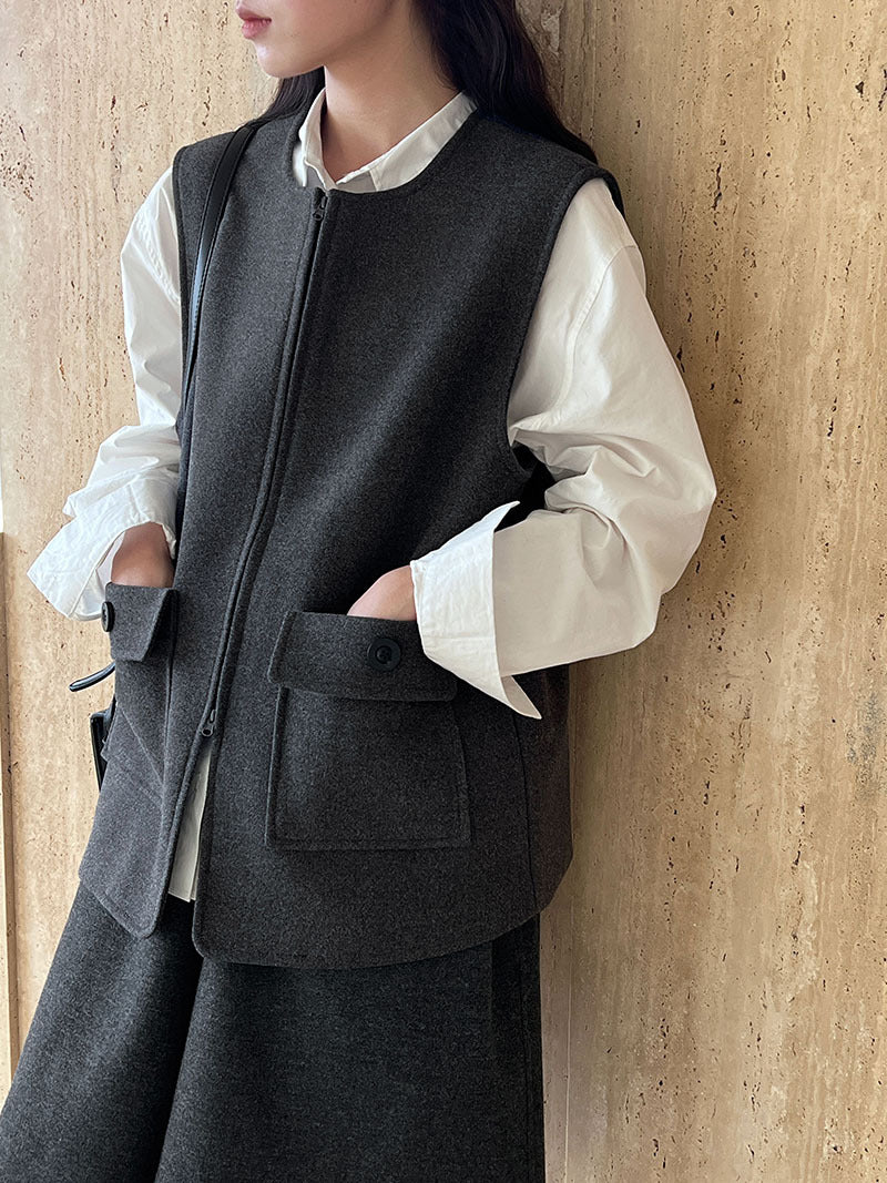 高級感寬鬆毛呢疊穿氣質圓領馬甲
