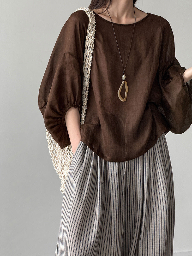 韓系文藝風苧麻圓領套頭襯衫上衣-3色