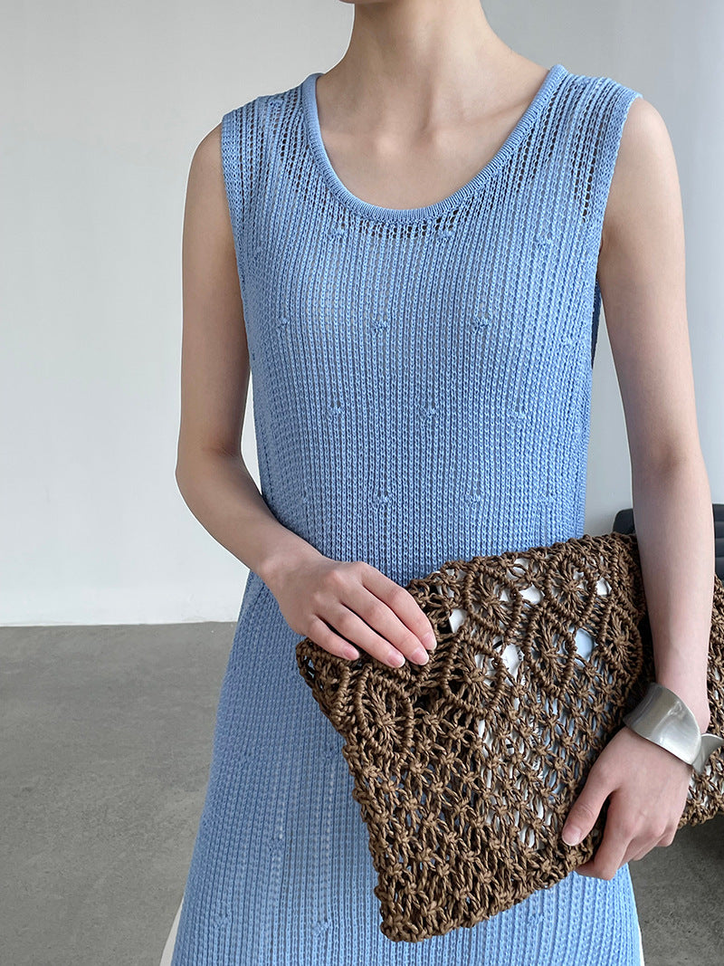 韓系側開叉圓領疊穿鏤空中長背心連身裙-4色