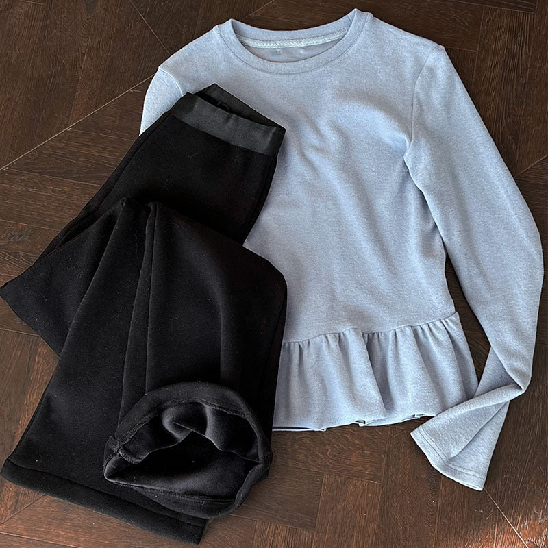 (48H出貨)韓系簡約加絨加厚百搭微喇叭休閒褲-2色