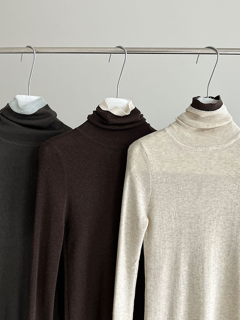 修身顯瘦軟糯撞色高領打底針織衫-3色