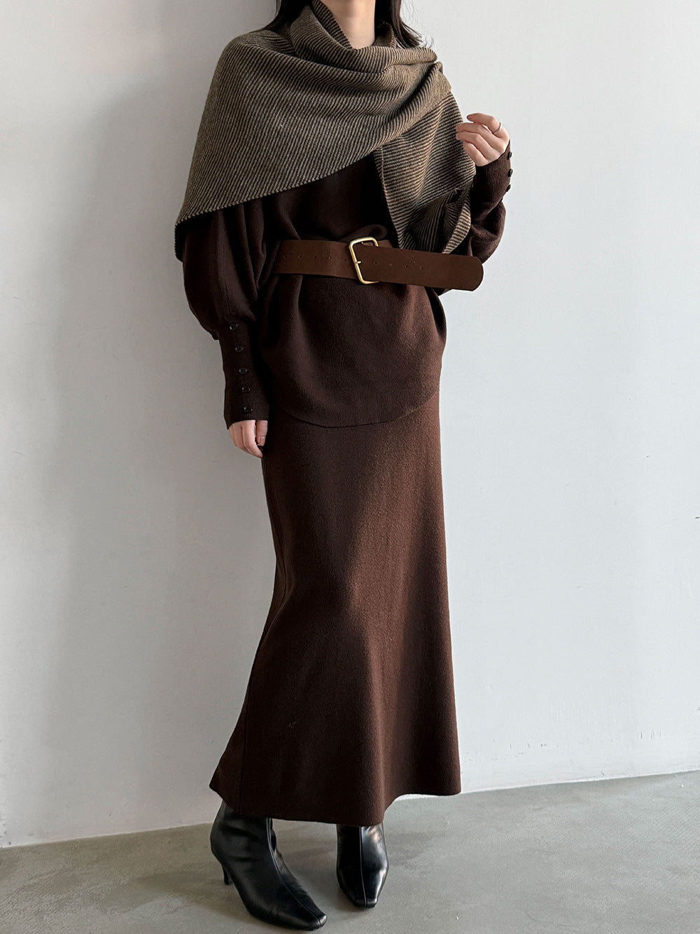 韓系氣質蝙蝠袖針織衫+高腰長裙-兩件式套裝-3色