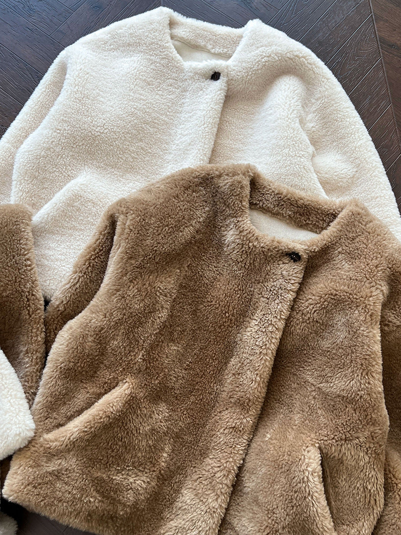 保暖毛絨皮草羊羔毛外套+圍巾-2色