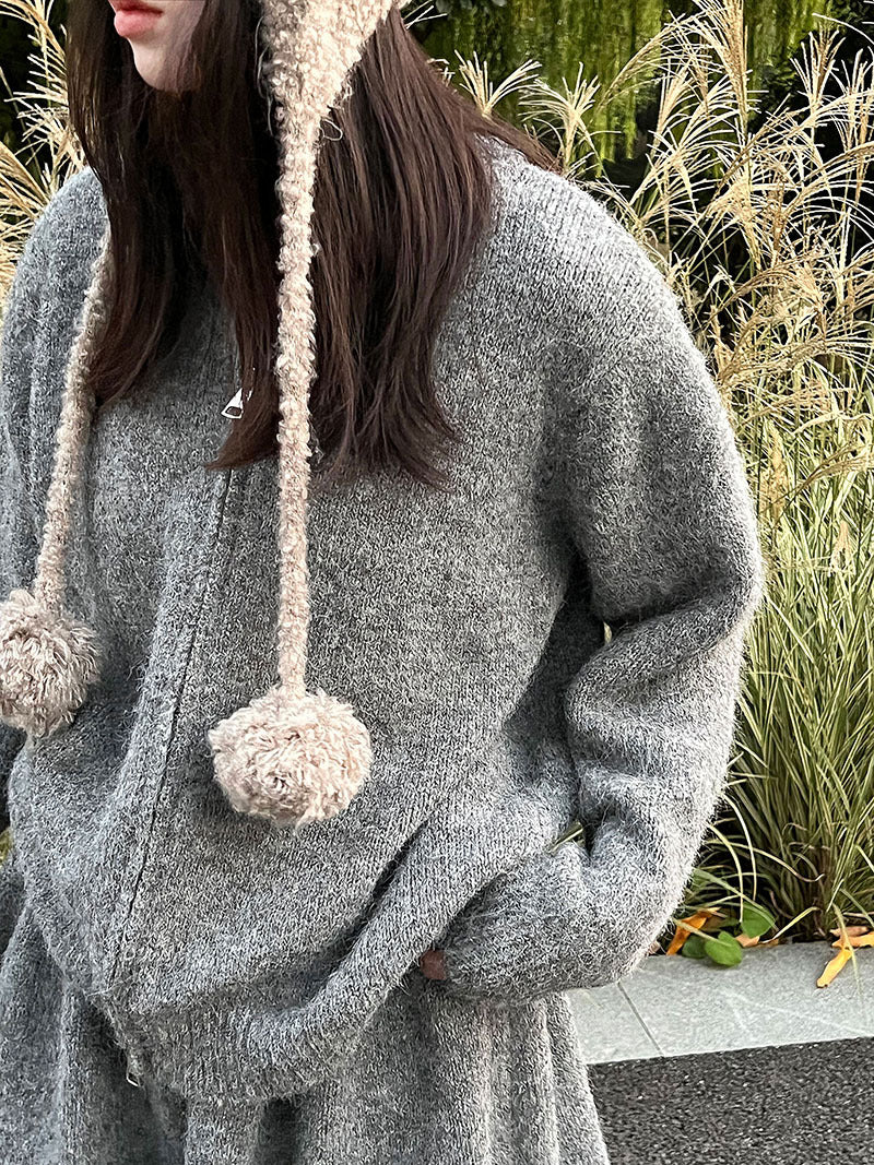 韓系軟糯休閒針織毛衣+卷邊A字短裙-兩件式套裝-3色