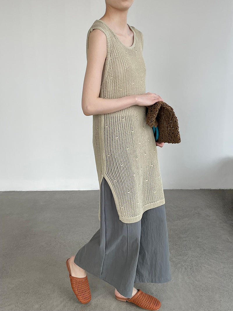 韓系側開叉圓領疊穿鏤空中長背心連身裙-4色