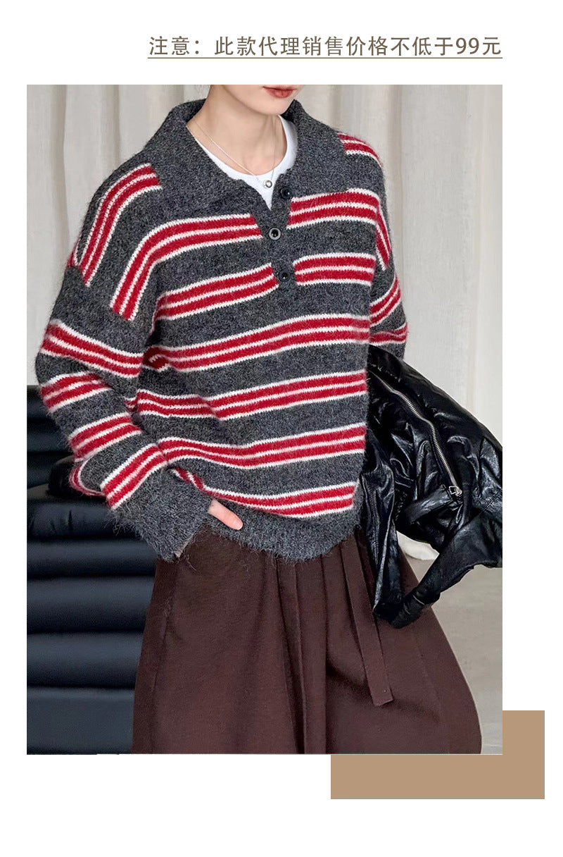 復古學院風羊毛POLO領條紋針織T恤