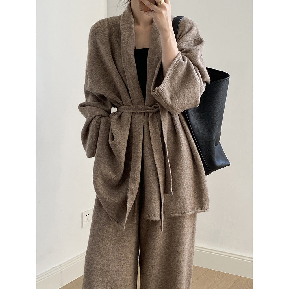 (48H出貨)高級慵懶風繫帶針織開衫+高腰闊腿褲-兩件式套裝-3色