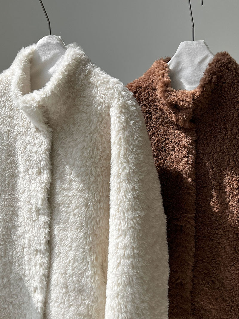 美拉德立領羊羔毛皮毛一體外套大衣-2色