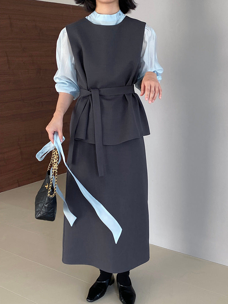 韓版高品質顯瘦西裝無袖馬甲+半身裙+配腰帶-三件式套裝