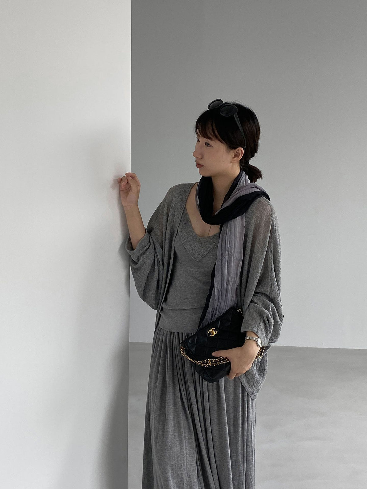桑蠶絲羊毛長袖披肩+吊帶+長裙-三件式套裝-5色