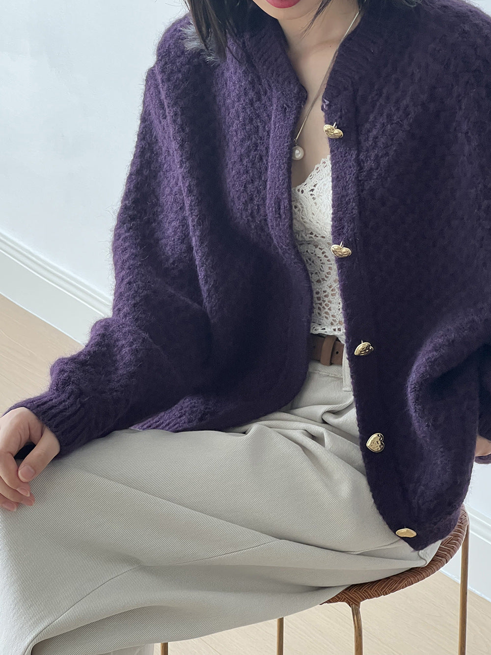 菠蘿紋愛心慵懶扣軟糯針織開衫-3色