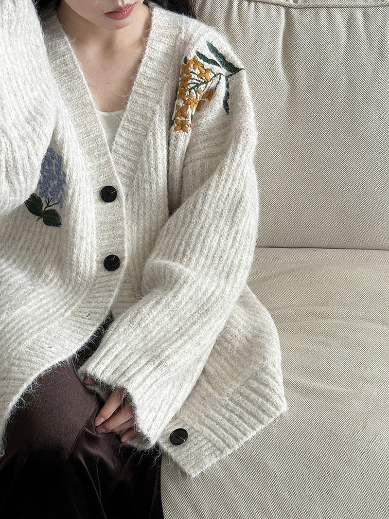 韓系復古軟糯花卉刺繡針織開衫外套-4色