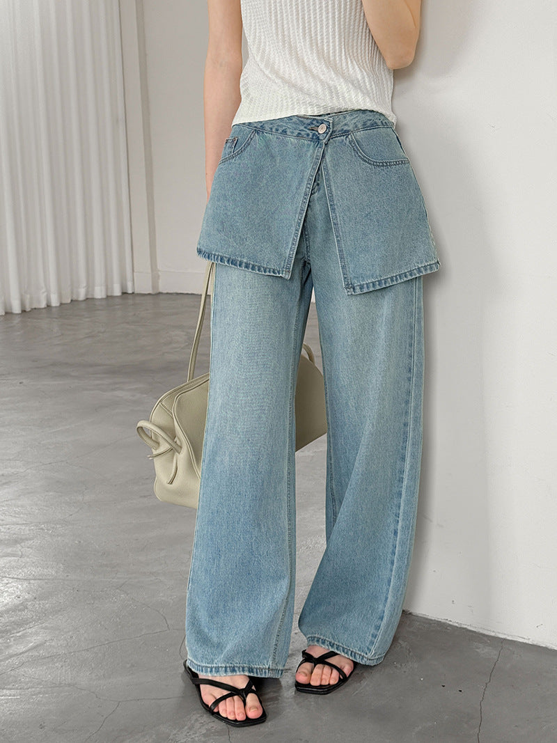 韓系小衆水洗可拆牛仔屁簾高腰顯瘦直筒牛仔褲