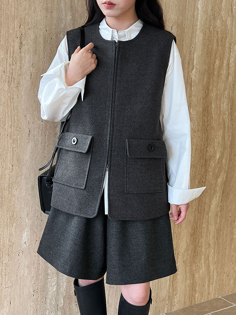 高級感寬鬆毛呢疊穿氣質圓領馬甲