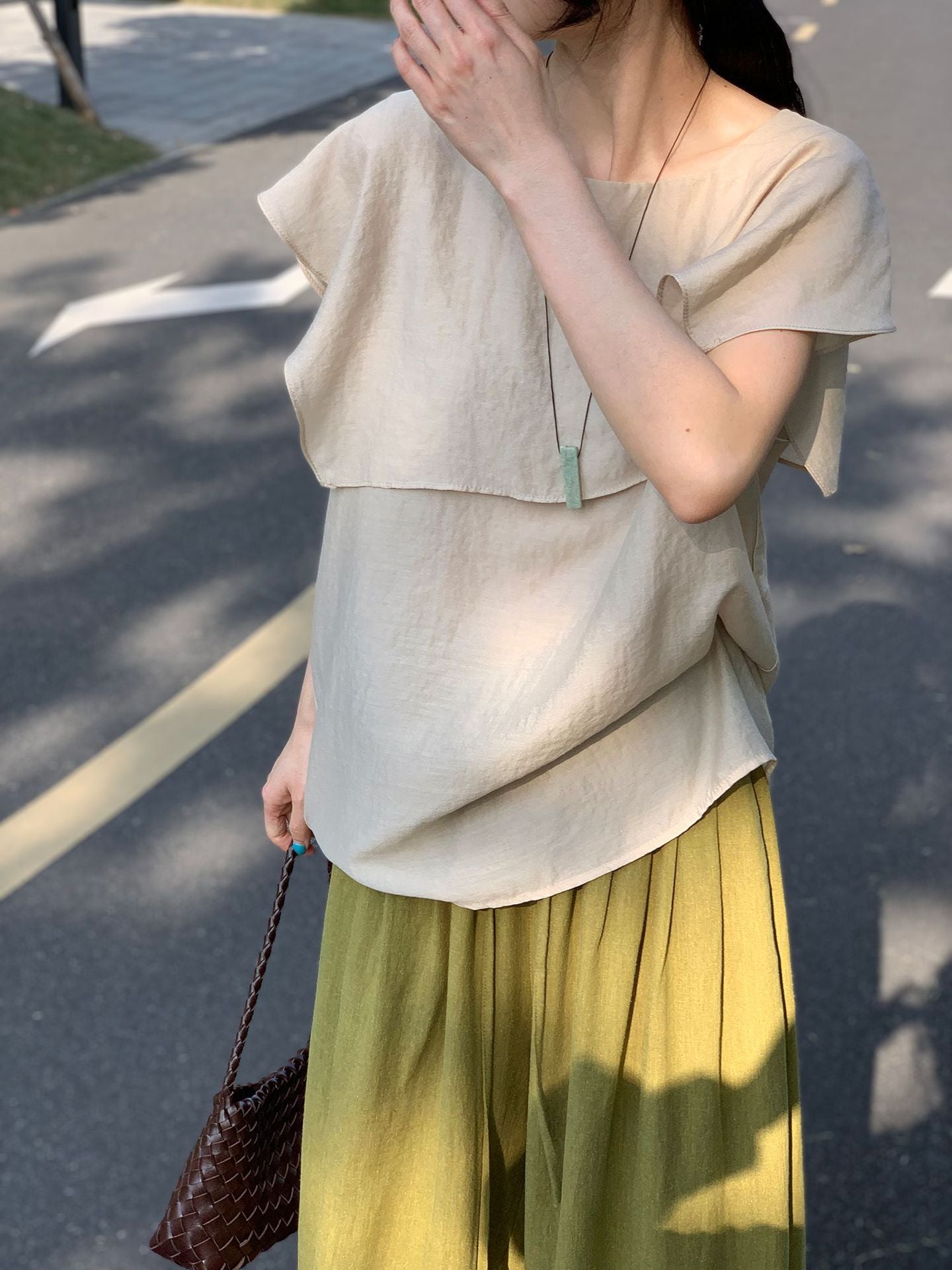 新中式拼接荷葉邊短袖披肩上衣-3色