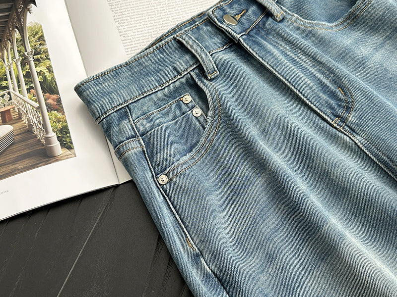 韓系高腰顯瘦寬鬆微喇褲牛仔闊腿褲