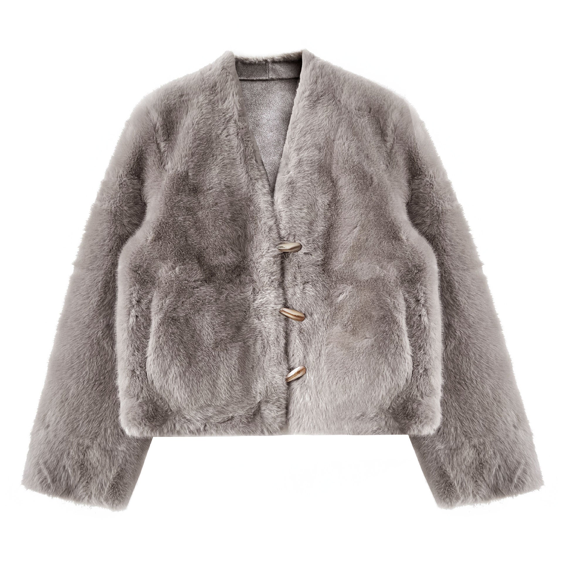 仿貂絨環保皮草V領牛角扣短款外套-2色