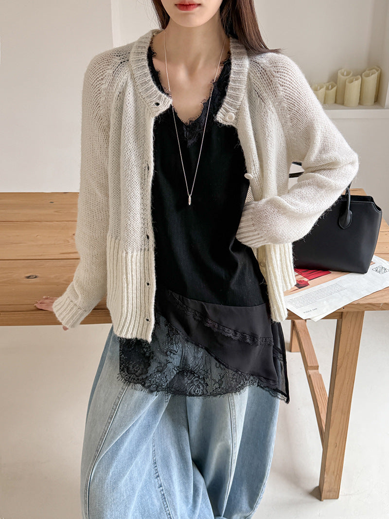 韓系優雅白月光網紗拼接透視針織打底衫-2色