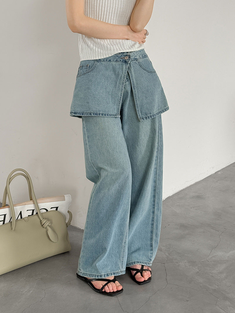 韓系小衆水洗可拆牛仔屁簾高腰顯瘦直筒牛仔褲