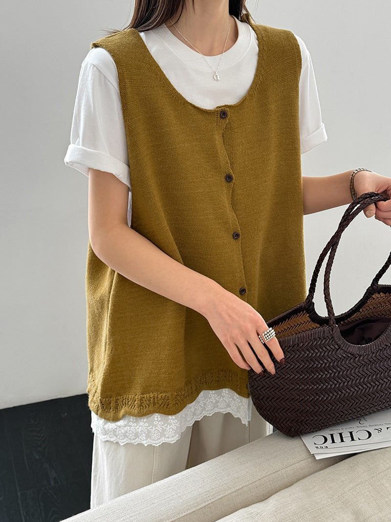 韓版寬鬆坎肩薄短款無袖馬甲開衫背心-3色