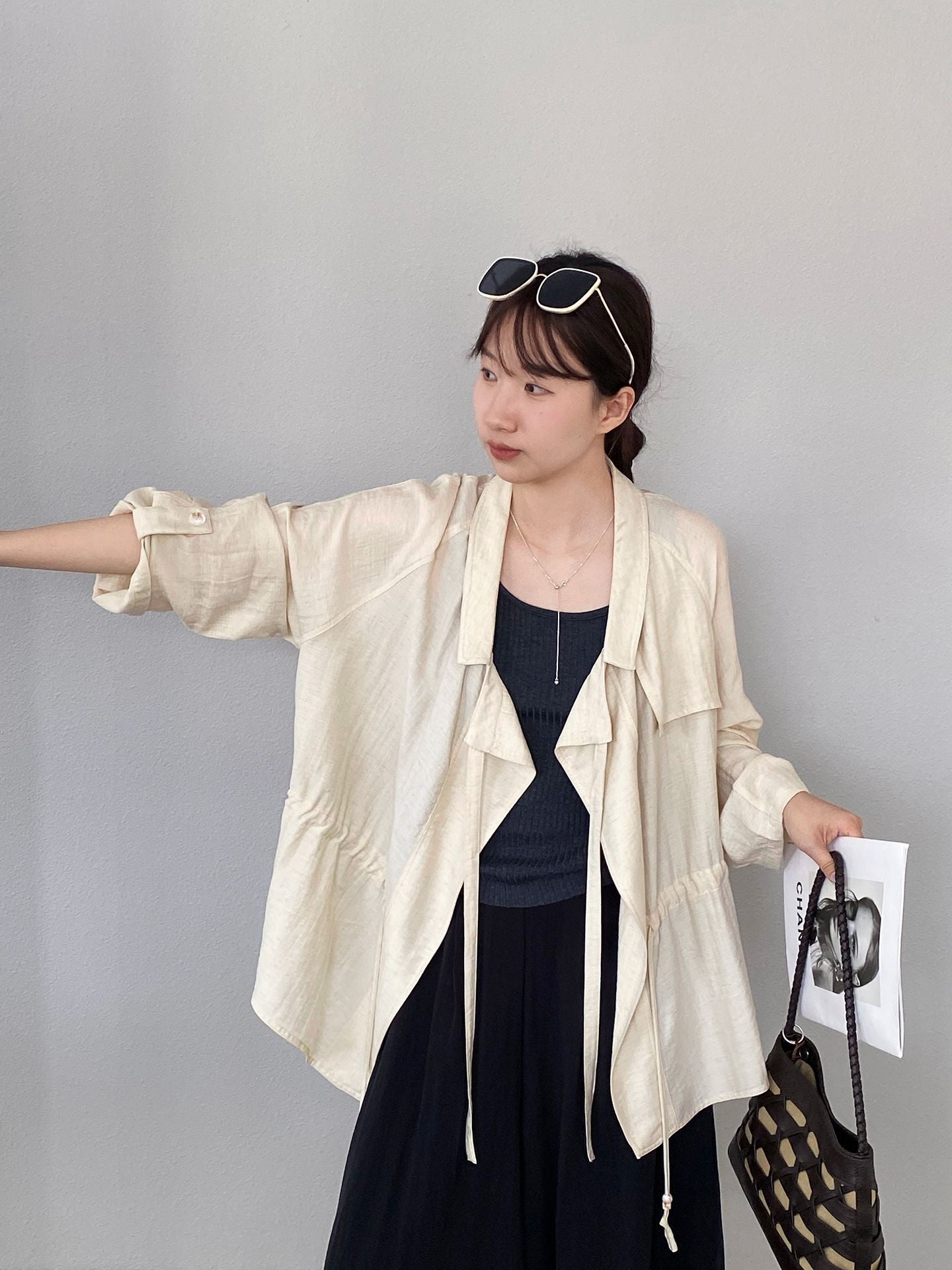 法式杏色亞麻收腰防曬襯衫
