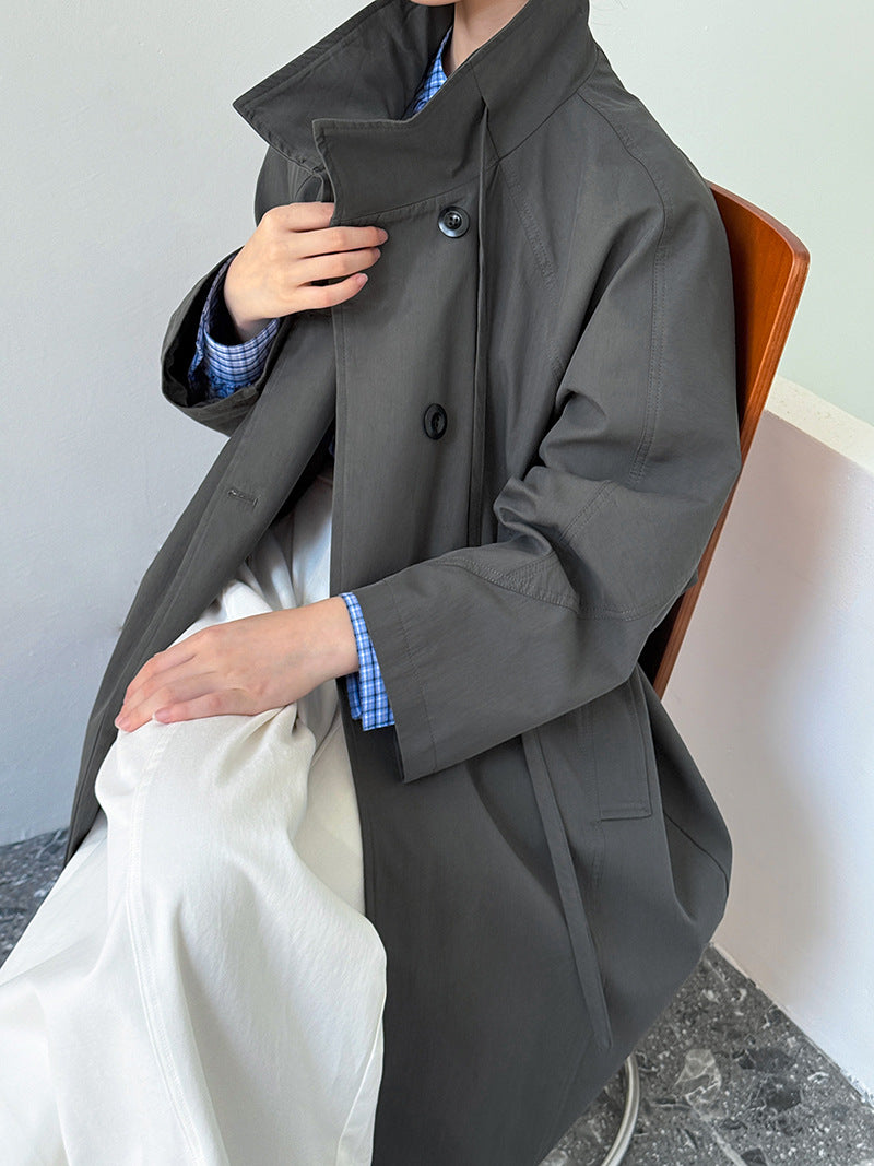 清冷系氣質慵懶長款立領風衣大衣外套-2色