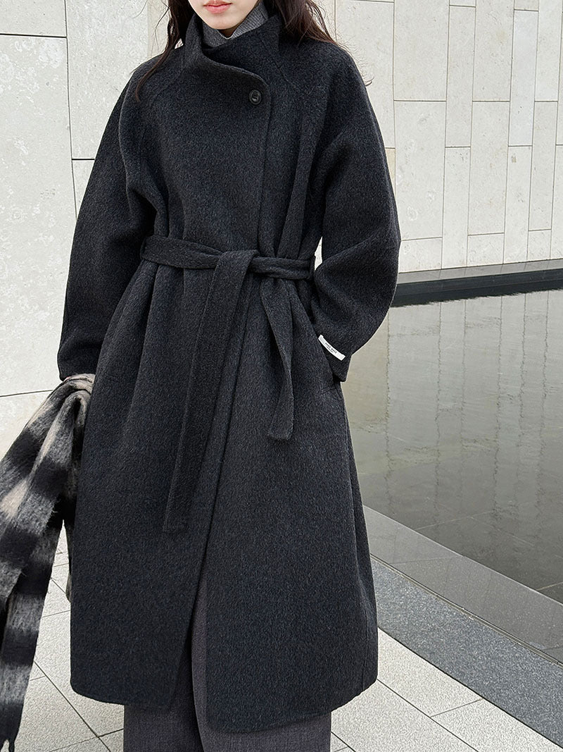 韓版慵懶斜扣領長款雙面呢羊毛大衣外套-3色