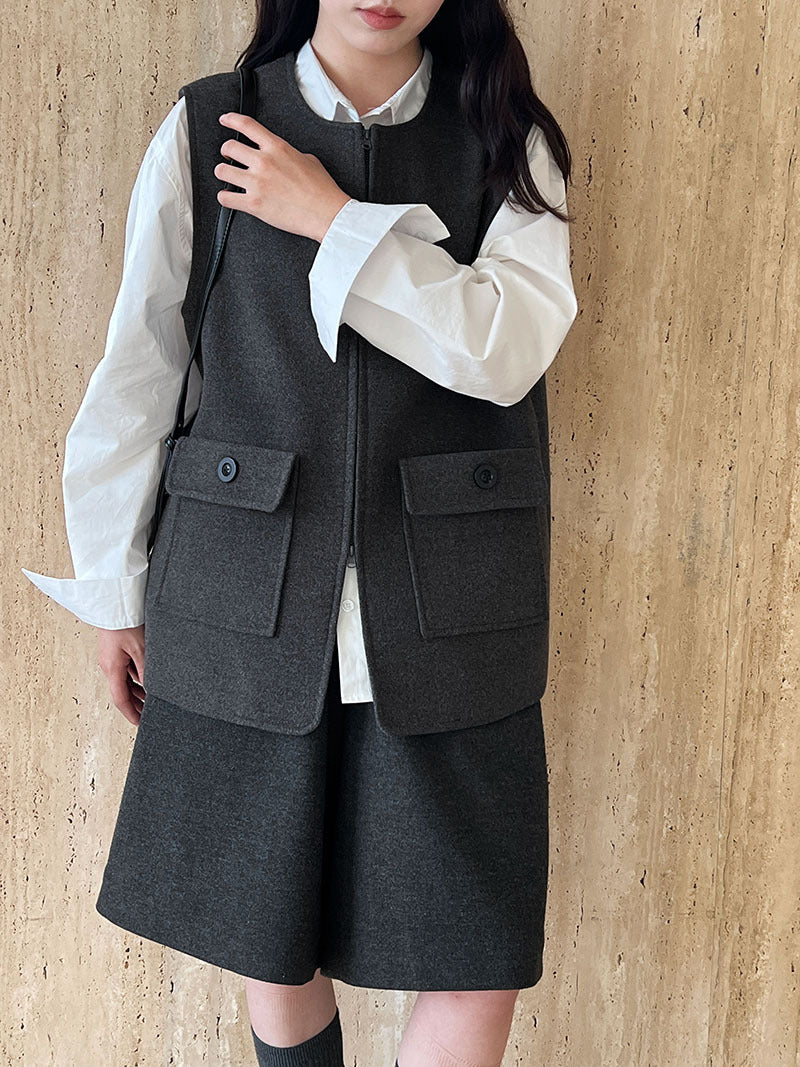 高級感寬鬆毛呢疊穿氣質圓領馬甲