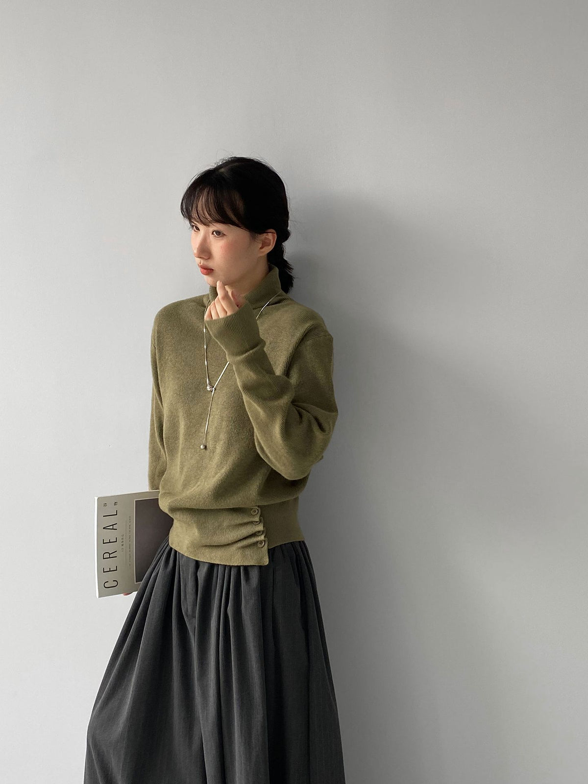 韓系慵懶風蕩領紐扣收腰蝙蝠袖毛衣-5色