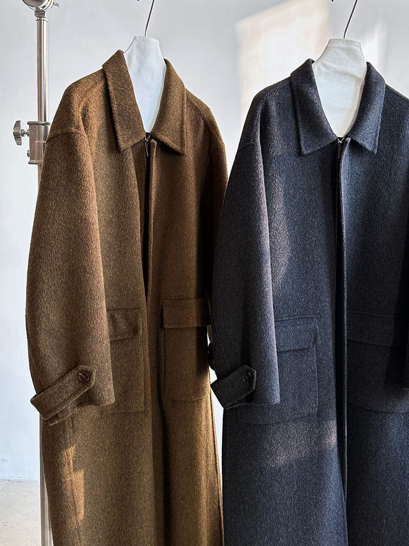 韓系高質感羊毛翻領拉鍊雙面呢大衣外套-2色
