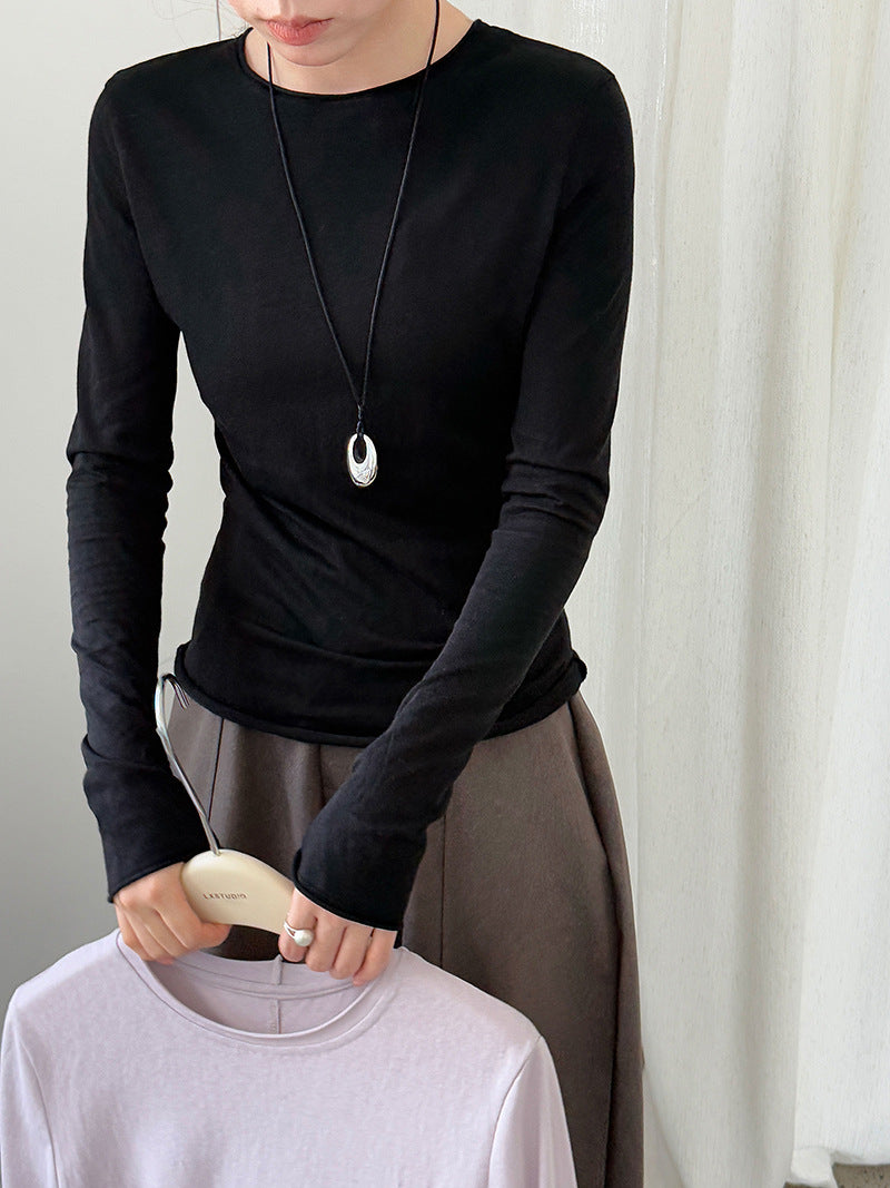 韓系百搭卷邊圓領長袖內搭T恤-4色