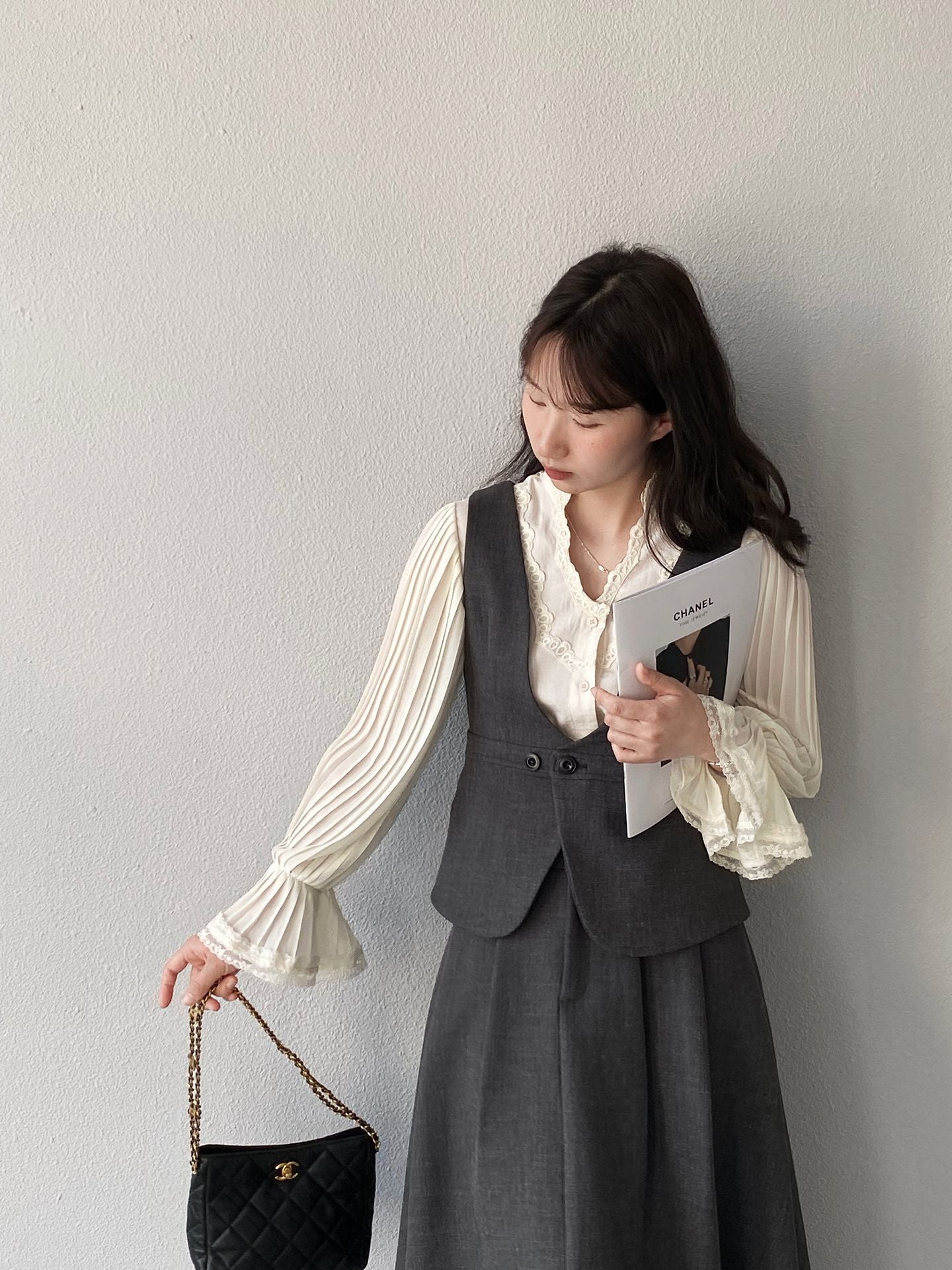 韓系通勤西裝氣質兩穿顯瘦馬甲+休閒半身裙-兩件式套裝