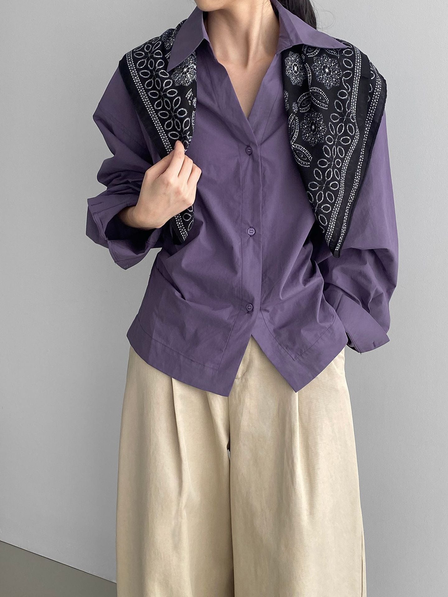 韓系通勤氣質顯瘦抽褶收腰襯衫+含披肩-3色