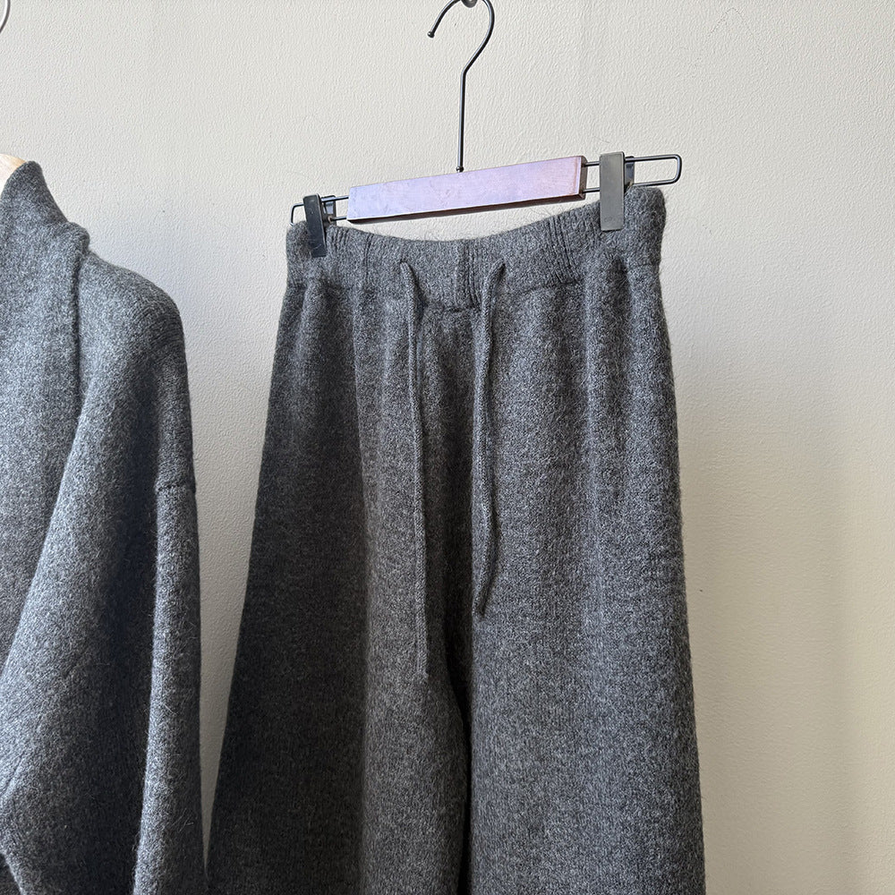 (48H出貨)高級慵懶風繫帶針織開衫+高腰闊腿褲-兩件式套裝-3色