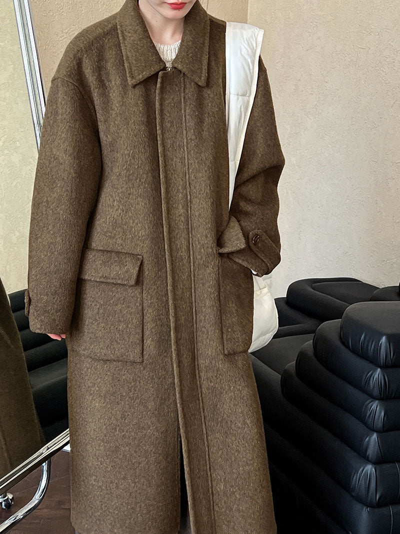 韓系高質感羊毛翻領拉鍊雙面呢大衣外套-2色